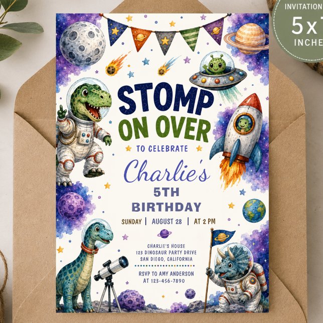 Convite de Aniversário de Dinossauro Espacial (Criador carregado)