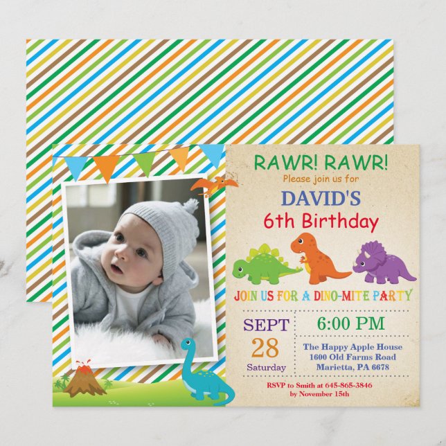 Convite de Aniversário de Dinossauro Festa Dino (Frente/Verso)