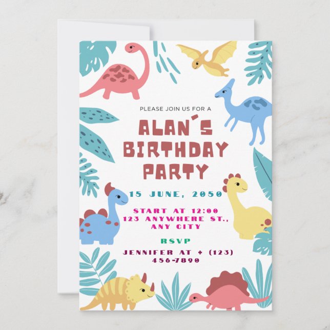 Convite de Aniversário de Dinossauro Fofo (Frente)
