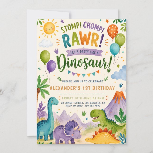 Convite de Aniversário de Dinossauro Fofo para Men (Frente)