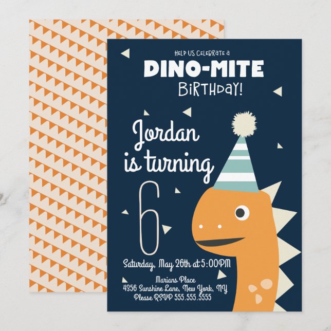 Convite de Aniversário de Dinossauro Laranja com C (Frente/Verso)