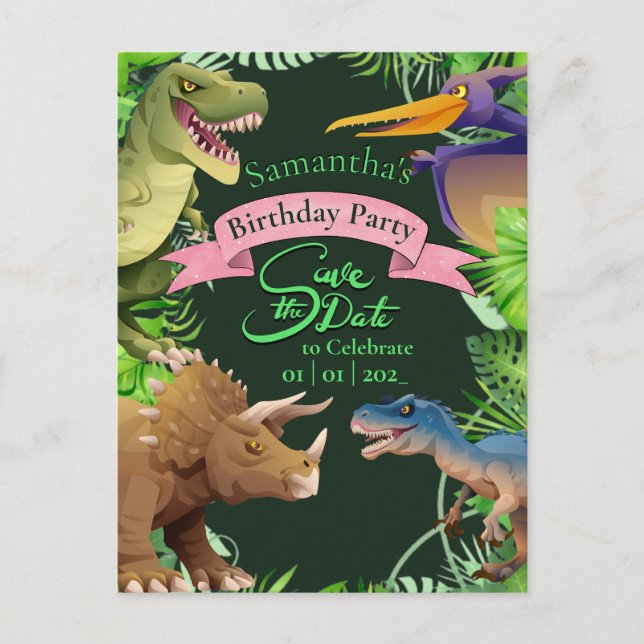Convite de Aniversário de Dinossauro Menina (Frente)
