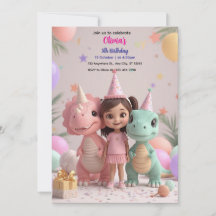 Convite de Aniversário de Dinossauro Menina Fofa –