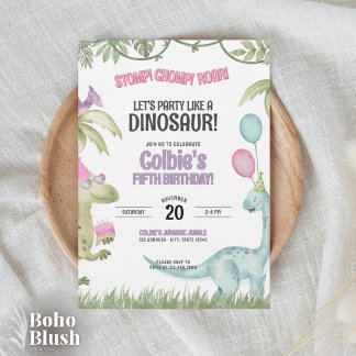Convite de Aniversário de Dinossauro Menina que Pi