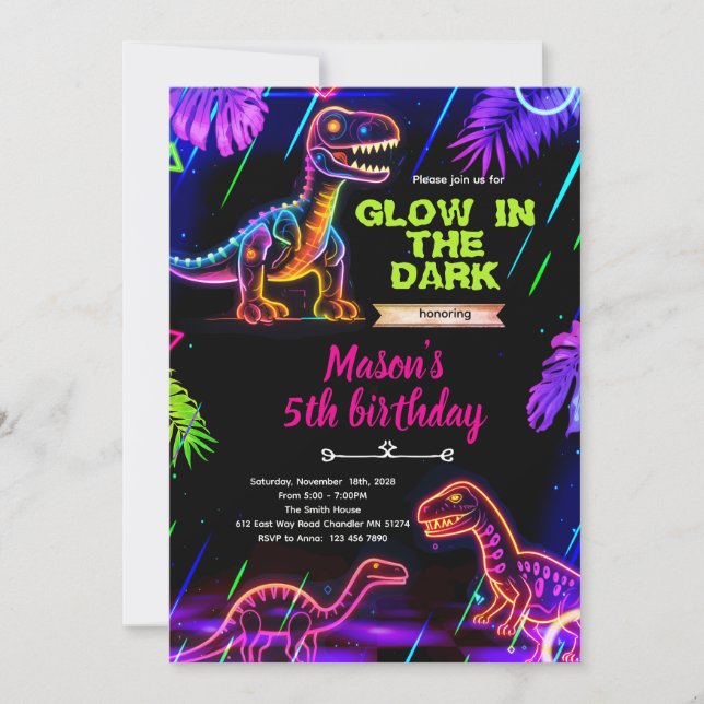 Convite de aniversário de dinossauro néon Glow (Frente)
