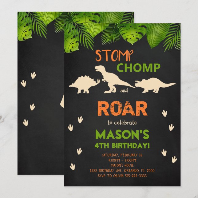 Convite de Aniversário de Dinossauro Preto (Frente/Verso)