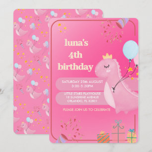 Convite de Aniversário de Dinossauro Rosa Personal
