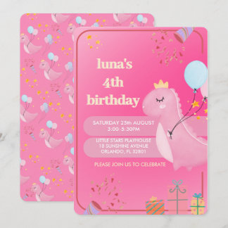 Convite de Aniversário de Dinossauro Rosa Personal