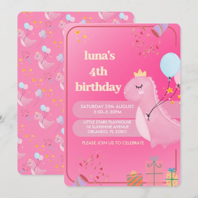 Convite de Aniversário de Dinossauro Rosa Personal (Frente/Verso)