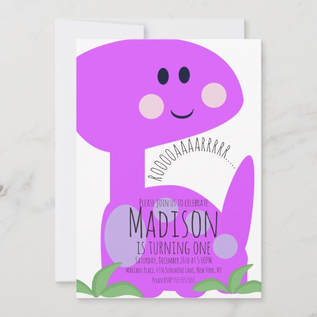 Convite de Aniversário de Dinossauro Roxo Brilhant (Frente)