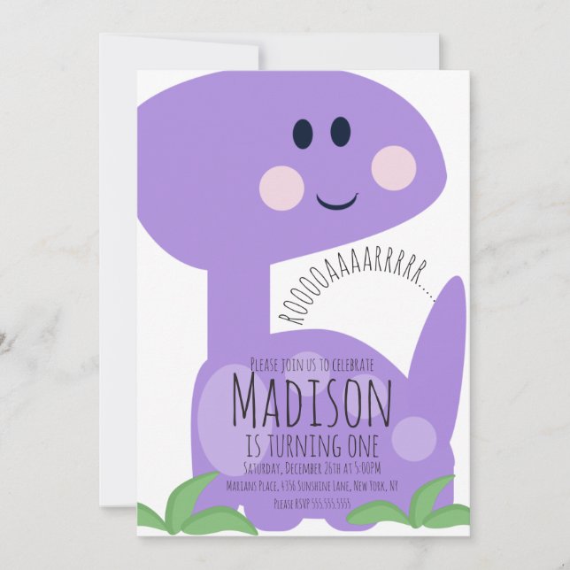 Convite de Aniversário de Dinossauro Roxo Fofo (Frente)
