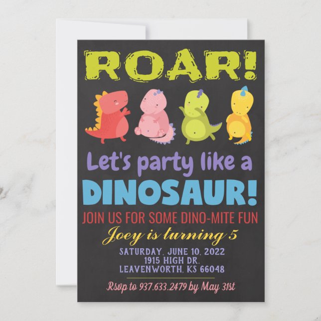 Convite de Aniversário de Dinossauro Rugindo (Frente)