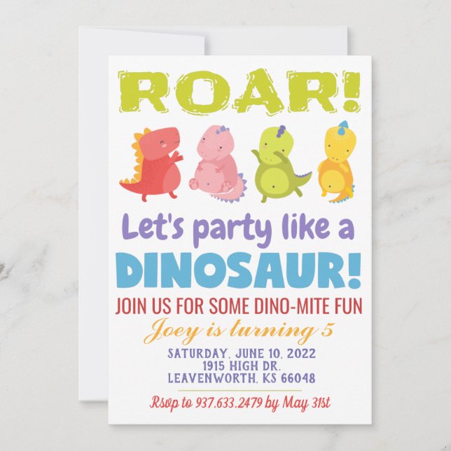 Convite de Aniversário de Dinossauro Rugindo (Frente)