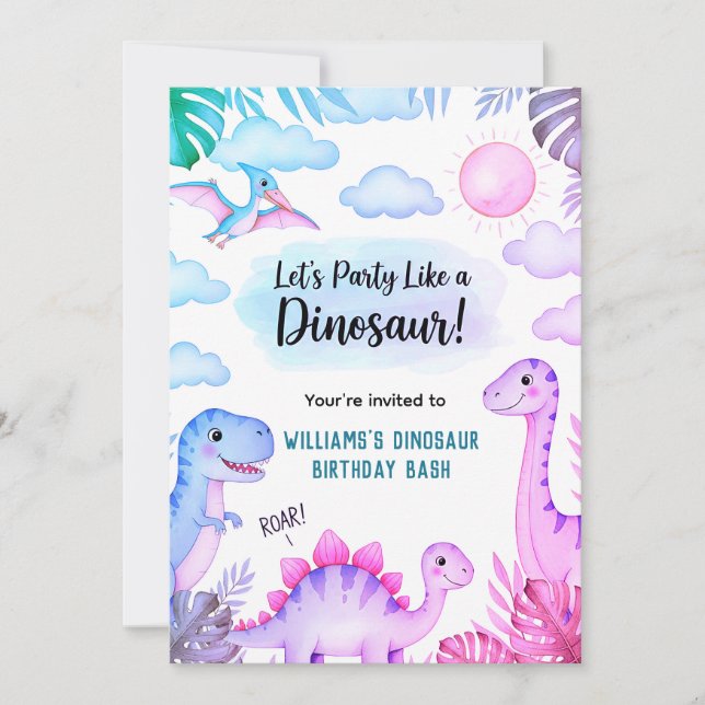 Convite de Aniversário de Dinossauro Rugindo (Frente)