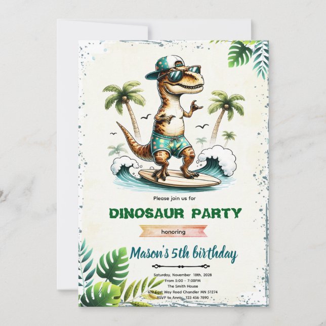 Convite de Aniversário de Dinossauro Surfista (Frente)