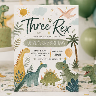 Convite de Aniversário de Dinossauro Três Rex Boys