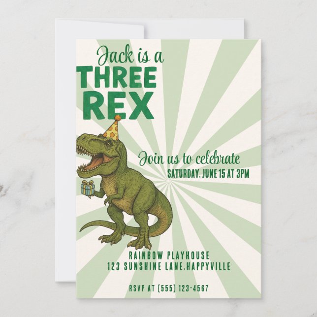 Convite de Aniversário de Dinossauro Três Rex |T-R (Frente)