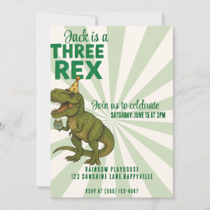 Convite de Aniversário de Dinossauro Três Rex  T-R