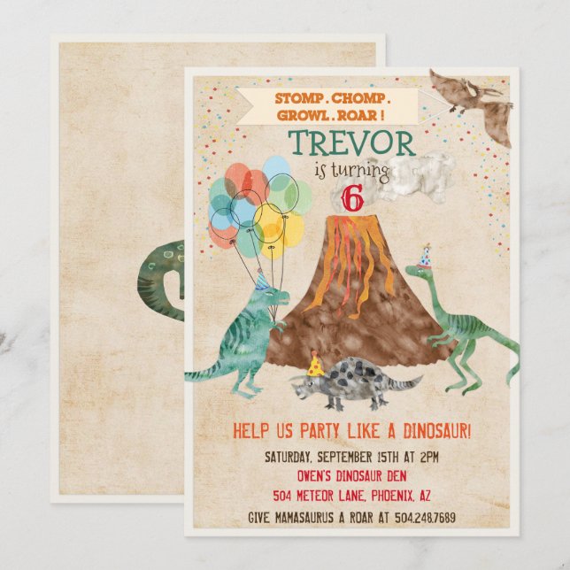 CONVITE DE ANIVERSÁRIO DE DINOSSAURO VOLCÃO PARA Q (Frente/Verso)