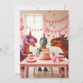 Convite de aniversário de dinossauros cor-de-rosa,