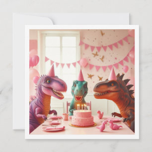 Convite de aniversário de dinossauros cor-de-rosa,