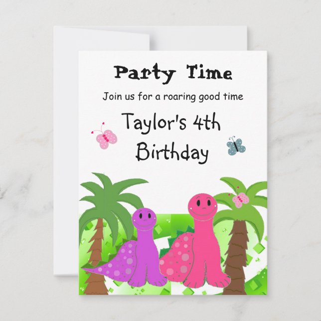 Convite de Aniversário de Dinossauros Rosa e Roxo (Frente)