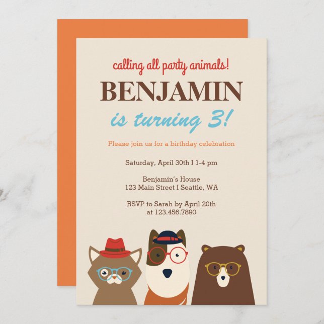Convite de aniversário de diversão de animais de f (Frente/Verso)