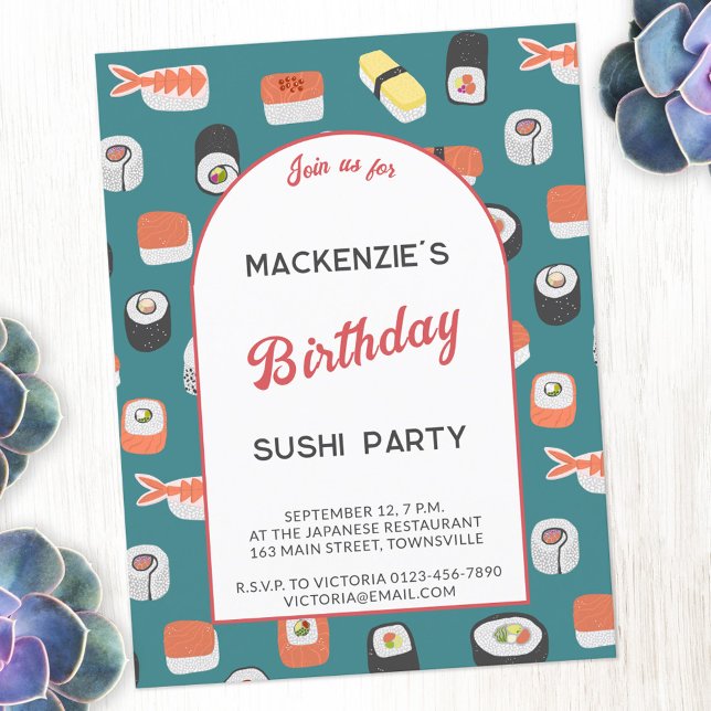 Convite de aniversário de Diversão Sushi (Fun Japanese sushi food art themed birthday party invitation  postcard with personalized custom text)