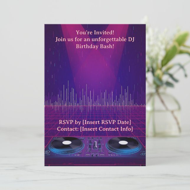 Convite de Aniversário de DJ - Personalizável (Em pé/Frente)