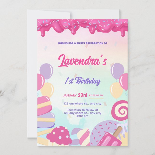 Convite de Aniversário de Doce Pastel Fofo (Frente)