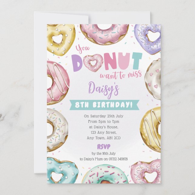 Convite de Aniversário de Donut em Forma de Coraçã (Frente)