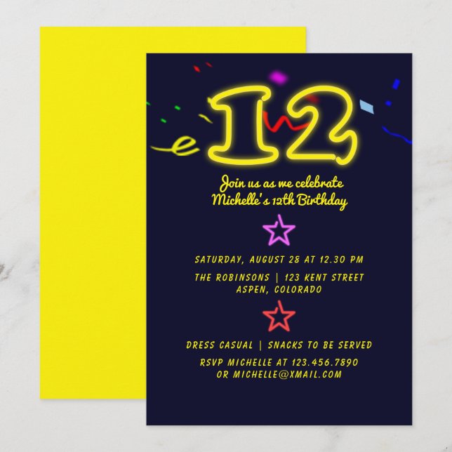 Convite de Aniversário de Doze Anos com Letreiro d (Frente/Verso)