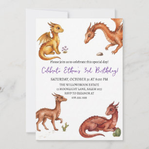 convite de aniversário de dragão aquarela