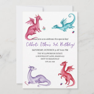 convite de aniversário de dragão aquarela