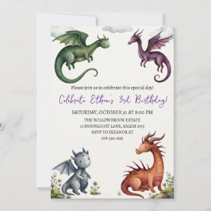 convite de aniversário de dragão aquarela