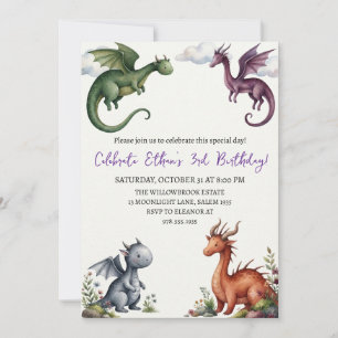 convite de aniversário de dragão aquarela