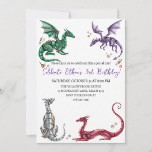 convite de aniversário de dragão aquarela