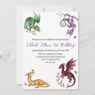 convite de aniversário de dragão aquarela
