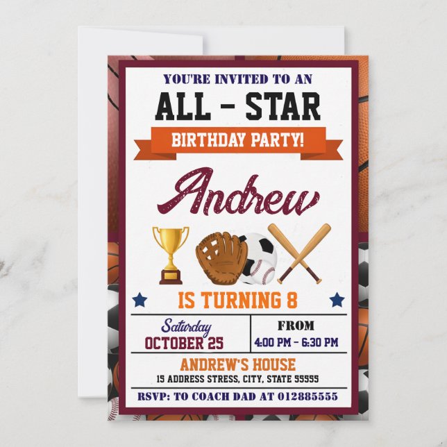 Convite de Aniversário de Esportes All Star (Frente)