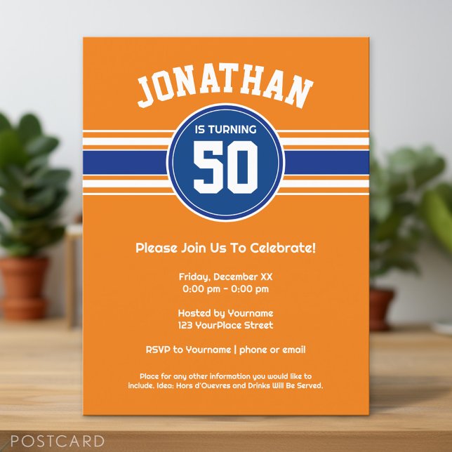 Convite de aniversário de esportes Blue Orange (Custom Postcard)