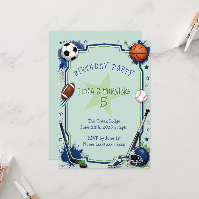 Convite de Aniversário de Esportes para Meninos (Frente/Verso In Situ)