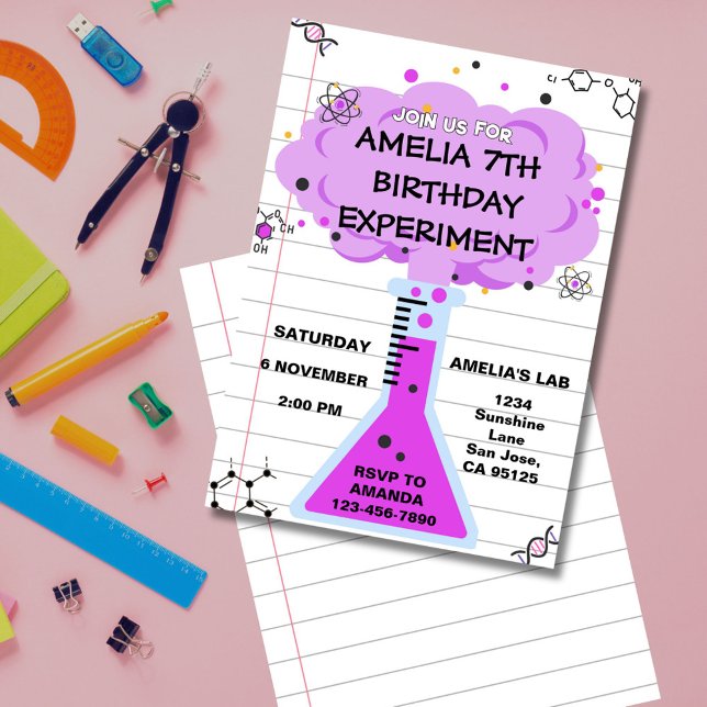 Convite de Aniversário de Experiência Científica (Fun science lab birthday invitation with colorful test tube and beakers for little scientists.)