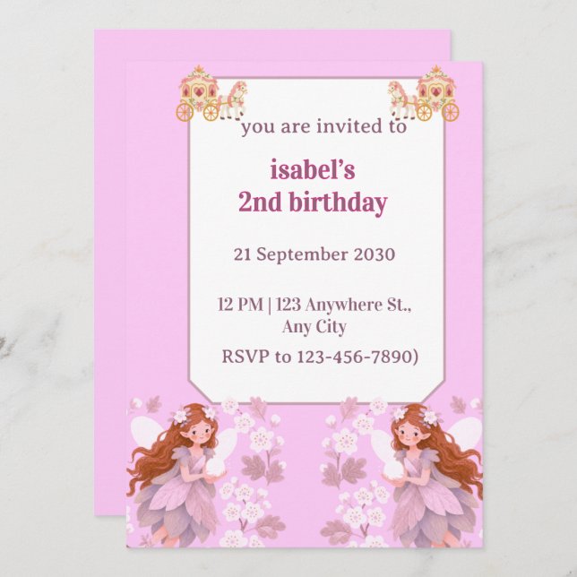 convite de aniversário de fada meninas (Frente/Verso)
