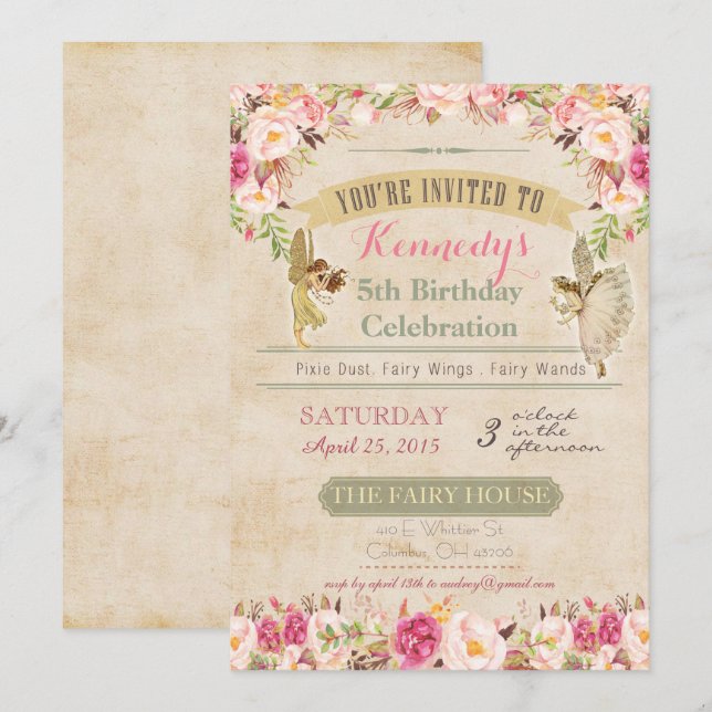 Convite de Aniversário de Fada Vintage (Frente/Verso)