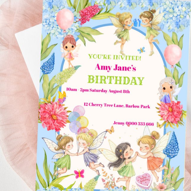 Convite de aniversário de fadas brancas e cor-de-r (Pretty Blue and Pink Fairy Birthday Invitation For Girls Birthday Party)