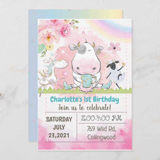 Convite de Aniversário de Fazenda, Convite de Vaca (Frente/Verso)