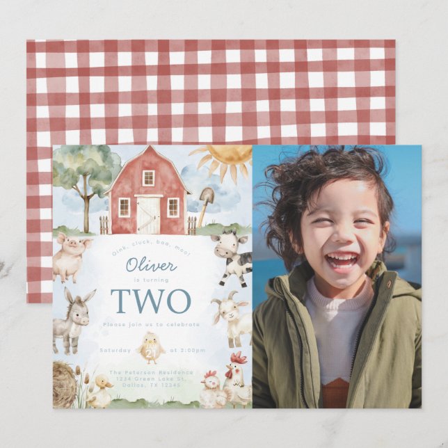 Convite de aniversário de Fazenda de Red Barn (Frente/Verso)