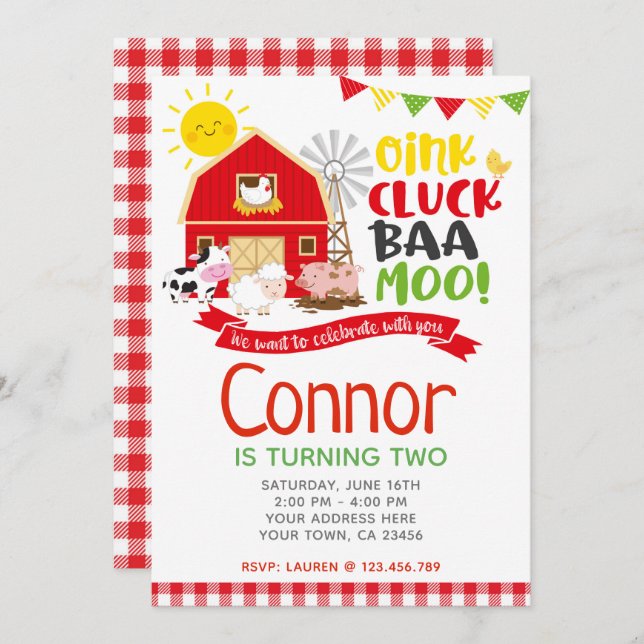 Convite de aniversário de fazenda, Festa de Barnya (Frente/Verso)