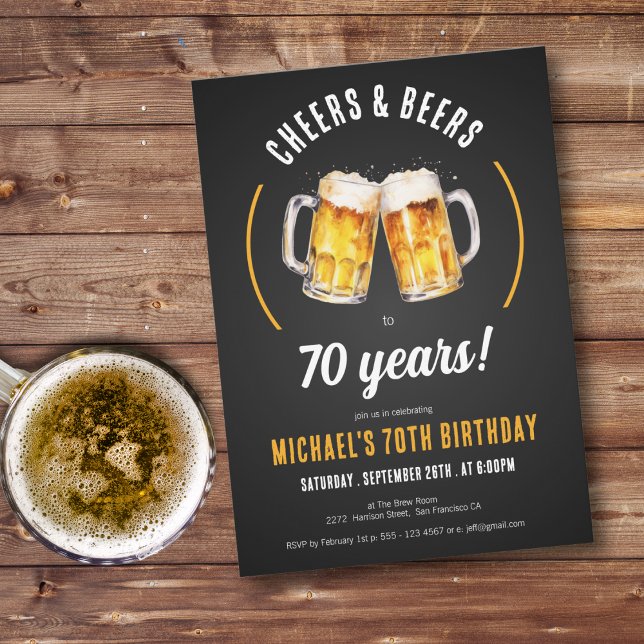 Convite de aniversário de felicidades e cervejas (Cheers and Beers 70th Birthday Party Invitation)