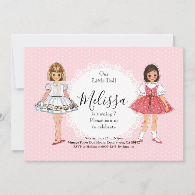 Convite de Aniversário de Festa com Bonecas de Pap (Frente)